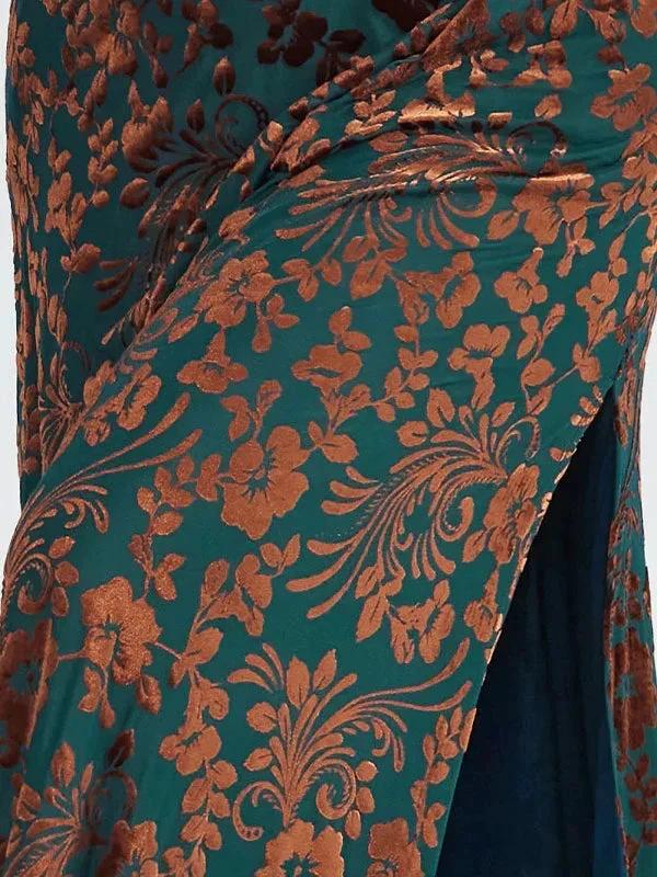 Vintage Plain V-Neck Short Sleeves Velvet Tea-Length Mother of the Bride Dress With Slit - Image 5