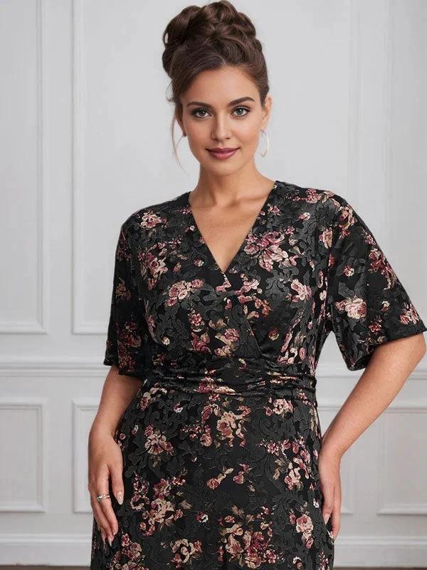 Vintage Plain V-Neck Short Sleeves Velvet Tea-Length Mother of the Bride Dress With Slit - Image 6