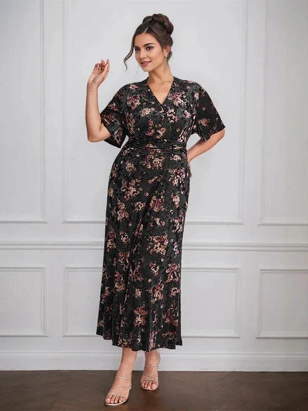 Vintage Plain V-Neck Short Sleeves Velvet Tea-Length Mother of the Bride Dress With Slit - Image 7