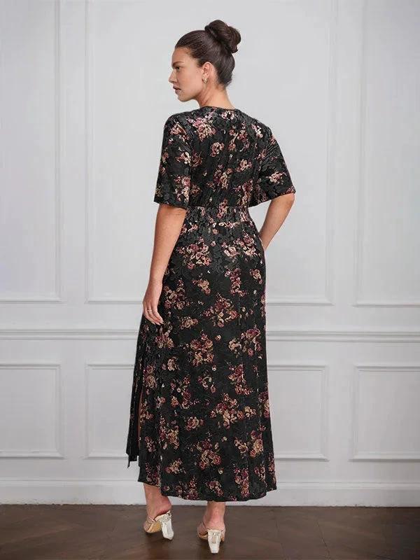 Vintage Plain V-Neck Short Sleeves Velvet Tea-Length Mother of the Bride Dress With Slit - Image 8