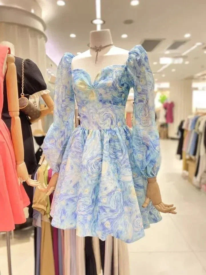 Vintage Print Homecoming Dress with Long Sleeves Party Dress Y2511 - Image 2