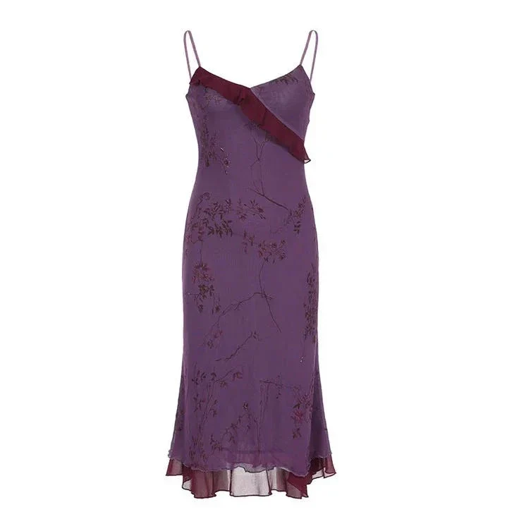 Vintage Print Ruffles Evening Dress Purple Straps Prom Dress Y7876 - Image 2
