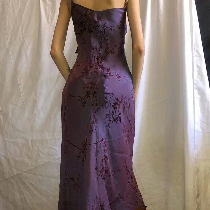 Vintage Print Ruffles Evening Dress Purple Straps Prom Dress Y7876 - Image 3
