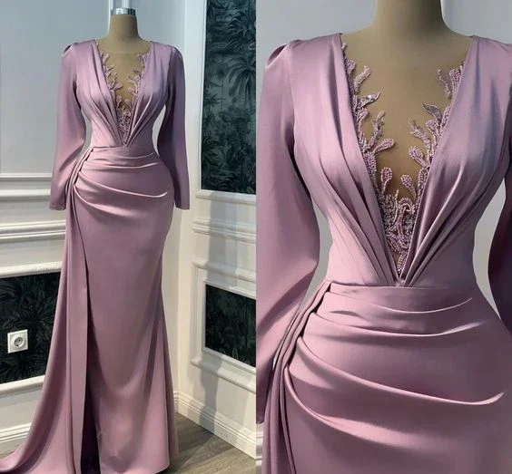 Vintage Purple Prom Dress Long Sleeve Illusion V-neck Mermaid Evening Dress Floor Length Y6647 - Image 2