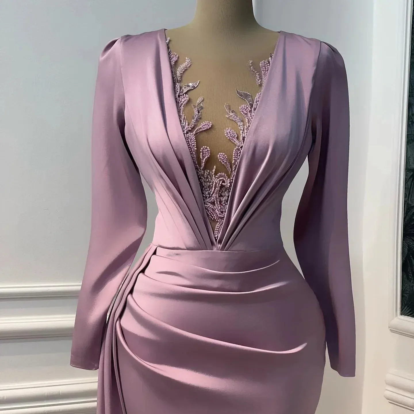 Vintage Purple Prom Dress Long Sleeve Illusion V-neck Mermaid Evening Dress Floor Length Y6647 - Image 3