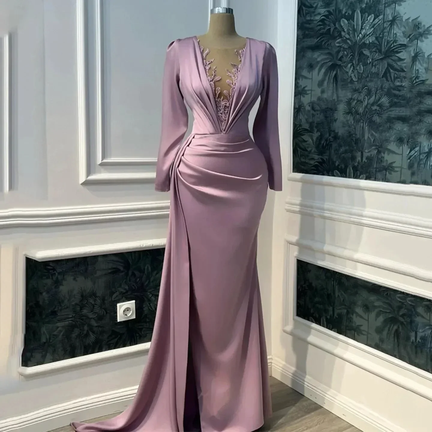 Vintage Purple Prom Dress Long Sleeve Illusion V-neck Mermaid Evening Dress Floor Length Y6647 - Image 4