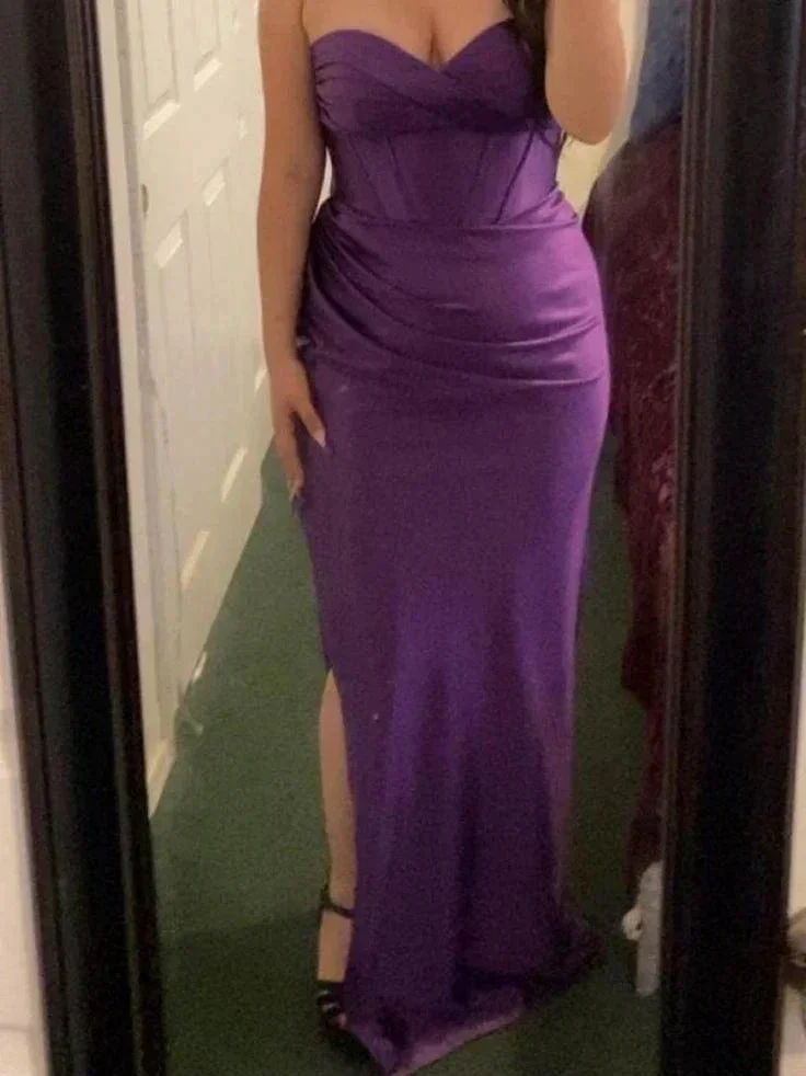 Vintage Purple Strapless Slit Satin Prom Evening Dress Y8113 - Image 2