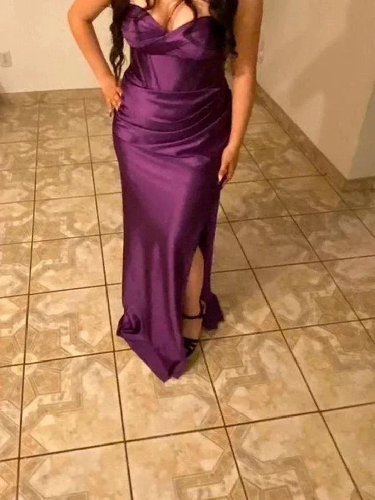 Vintage Purple Strapless Slit Satin Prom Evening Dress Y8113 - Image 3