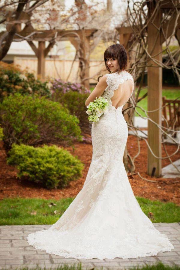 Vintage Quee Keyhole Winter Long Lace Mermaid Wedding Dress WD152 - Image 2