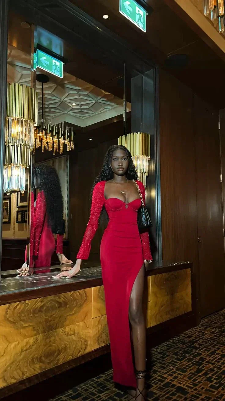 Vintage Red Evening Dress With Long Sleeves 20th Birthday Red Party Dress Y4924 - Image 3
