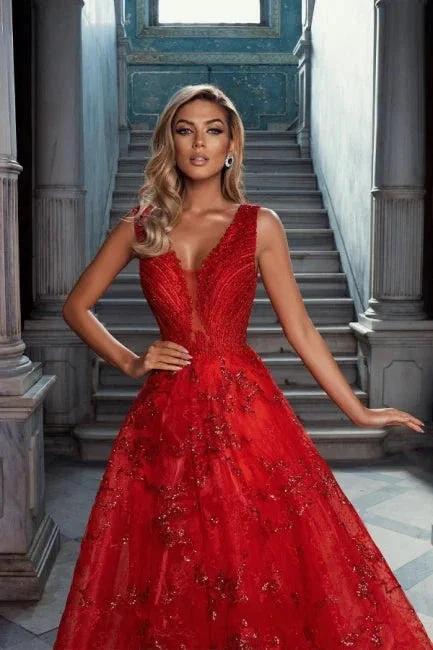 Vintage Red V-Neck Sleeveless A-Line Tulle Prom Dresses with Applique - Image 2