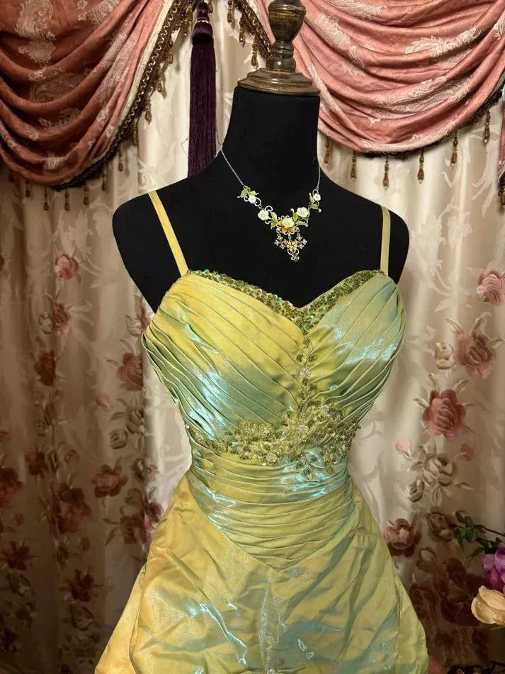 Vintage Sage Green A-Line Spaghetti Strap Satin Long Prom Dress Beaded Evening Dress Y8517 - Image 2