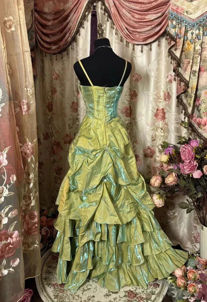 Vintage Sage Green A-Line Spaghetti Strap Satin Long Prom Dress Beaded Evening Dress Y8517 - Image 3