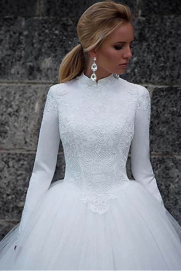 Vintage Satin High Collar Natural Waistline Ball Gown Wedding Dress WD190 - Image 2