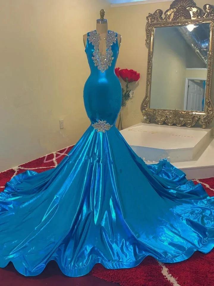 Vintage Sequins Appliques V-neck Sleeveless Floor-length Mermaid Prom Dresses - Image 2