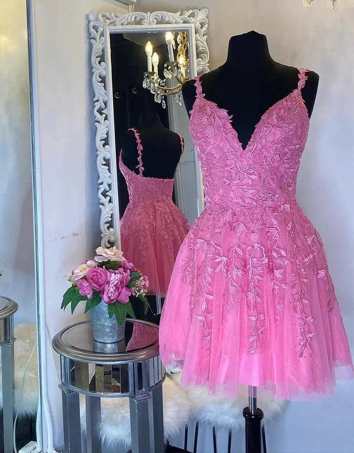Vintage Short A-line Spaghetti Straps Sleeveless Appliques Tulle Satin Homecoming Dress - Image 2