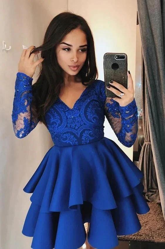Vintage Short A-line V-neck Lace Satin Prom Dress With Sleeves - Image 2