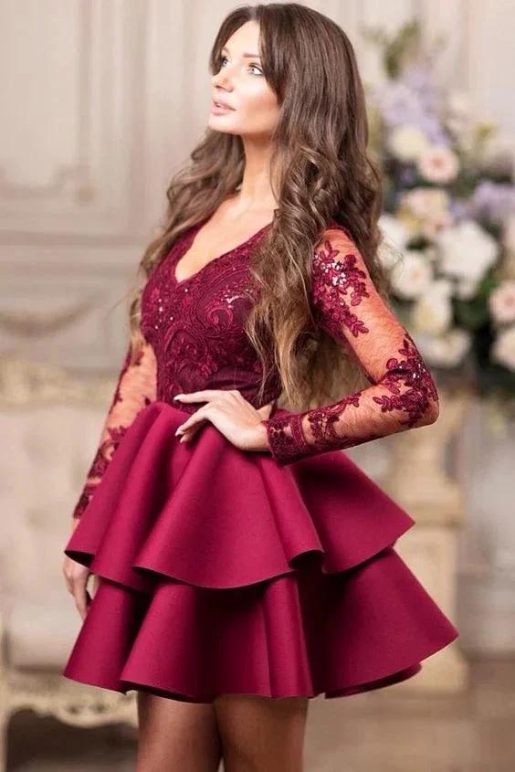 Vintage Short A-line V-neck Lace Satin Prom Dress With Sleeves - Image 3