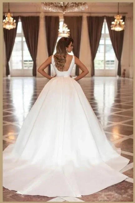 Vintage Simple Princess White Satin A-line Sleeveless Wedding Dresses - Image 2