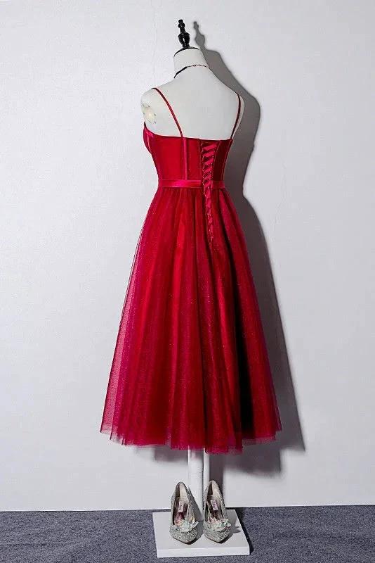 Vintage Spaghetti Straps Lace Up Burgundy Tea Length Homecoming Dresses Prom Dresses - Image 2