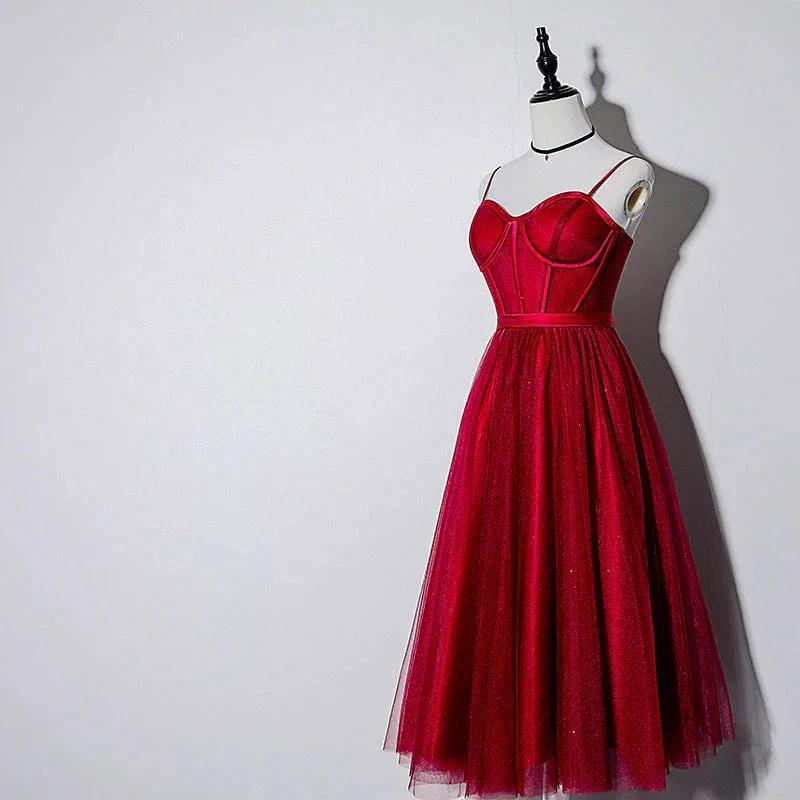 Vintage Spaghetti Straps Lace Up Burgundy Tea Length Homecoming Dresses Prom Dresses - Image 5