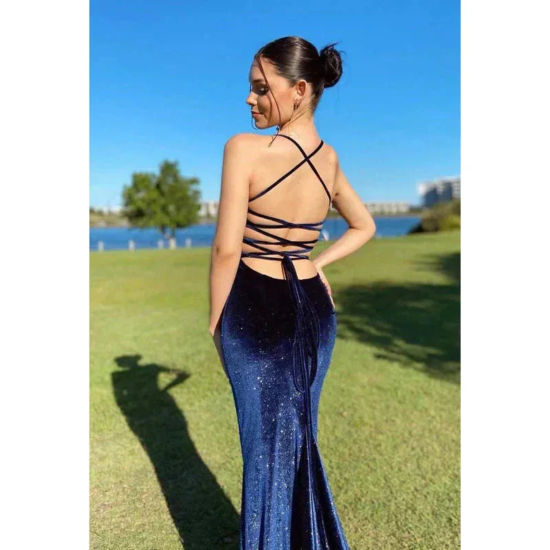 Vintage Spaghetti Straps Navy Blue Velvet Long Mermaid Prom Dress Evening Dress Y7829 - Image 3