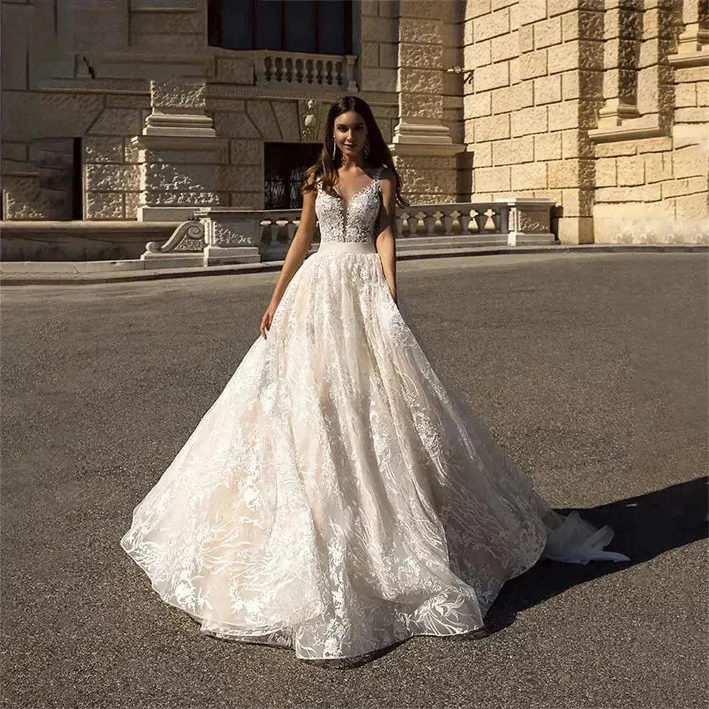Vintage Spaghetti Straps Vestidos De Novia  Elegant V-Neck Wedding Dresses Appliques Sleeveless Vestido De Noiva - Image 3