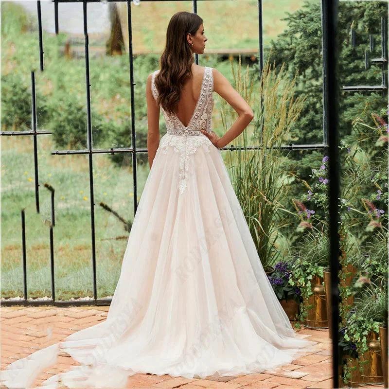 Vintage Spaghetti Straps Wedding Dresses Illusion V-Neck Backless Robe Romantic Tulle A-line Bridal Gowns - Image 2