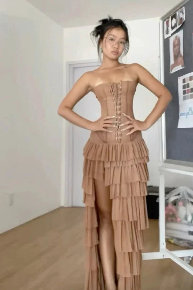 Vintage Strapless Chiffon Layered Long Prom Dress Slit Evening Dress Y7859 - Image 2