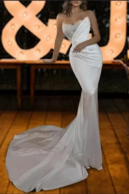 Vintage strapless mermaid sequined sleeveless satin Wedding Dresses - Image 3