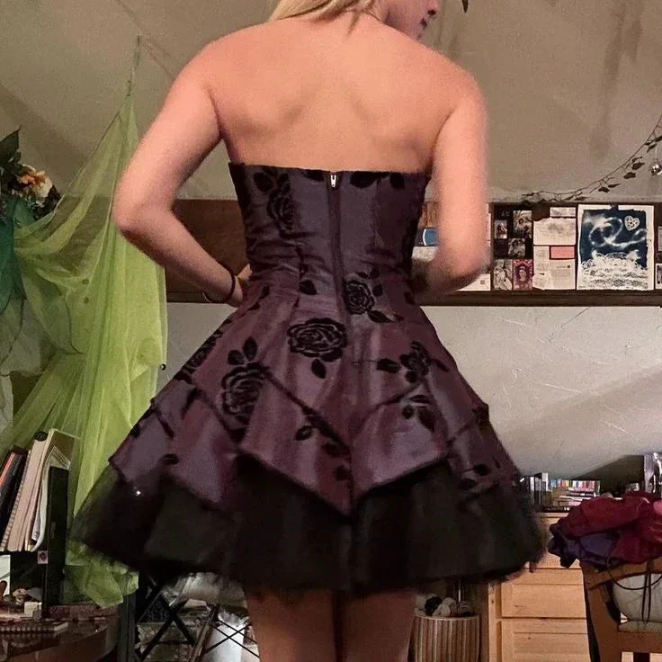 Vintage Strapless Satin Tulle Tiered Short Prom Dress Homecoming Dress Y8106 - Image 2
