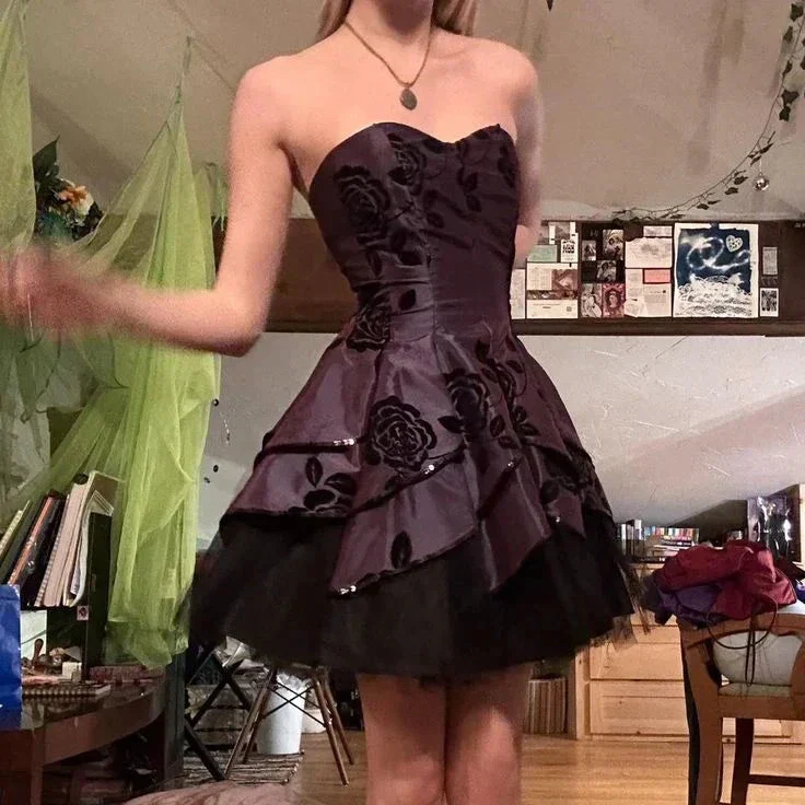 Vintage Strapless Satin Tulle Tiered Short Prom Dress Homecoming Dress Y8106 - Image 3