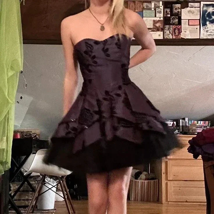 Vintage Strapless Satin Tulle Tiered Short Prom Dress Homecoming Dress Y8106 - Image 4