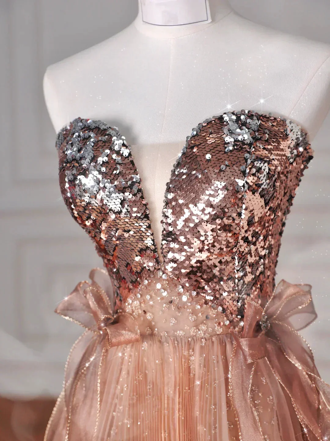 Vintage Rose Gold Strapless Tulle Sequins Beaded A Line Prom Dress Evening Dress Y8622 - Image 2
