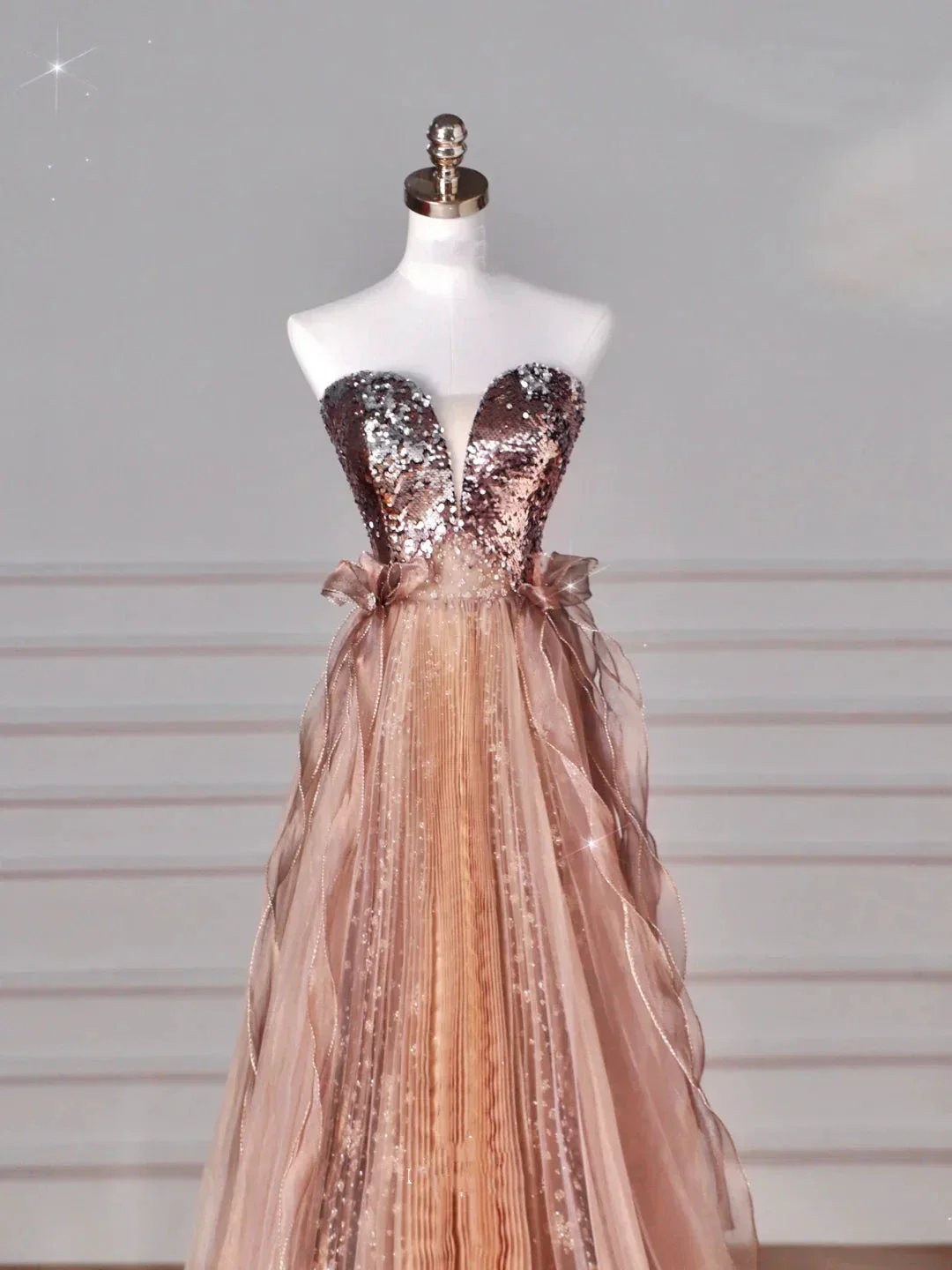 Vintage Rose Gold Strapless Tulle Sequins Beaded A Line Prom Dress Evening Dress Y8622 - Image 3