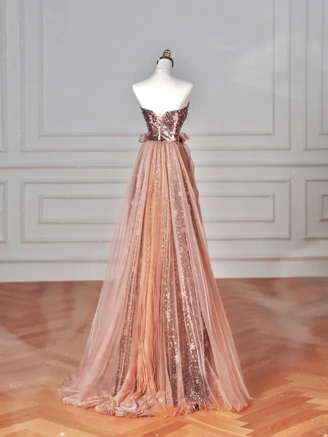 Vintage Rose Gold Strapless Tulle Sequins Beaded A Line Prom Dress Evening Dress Y8622 - Image 4
