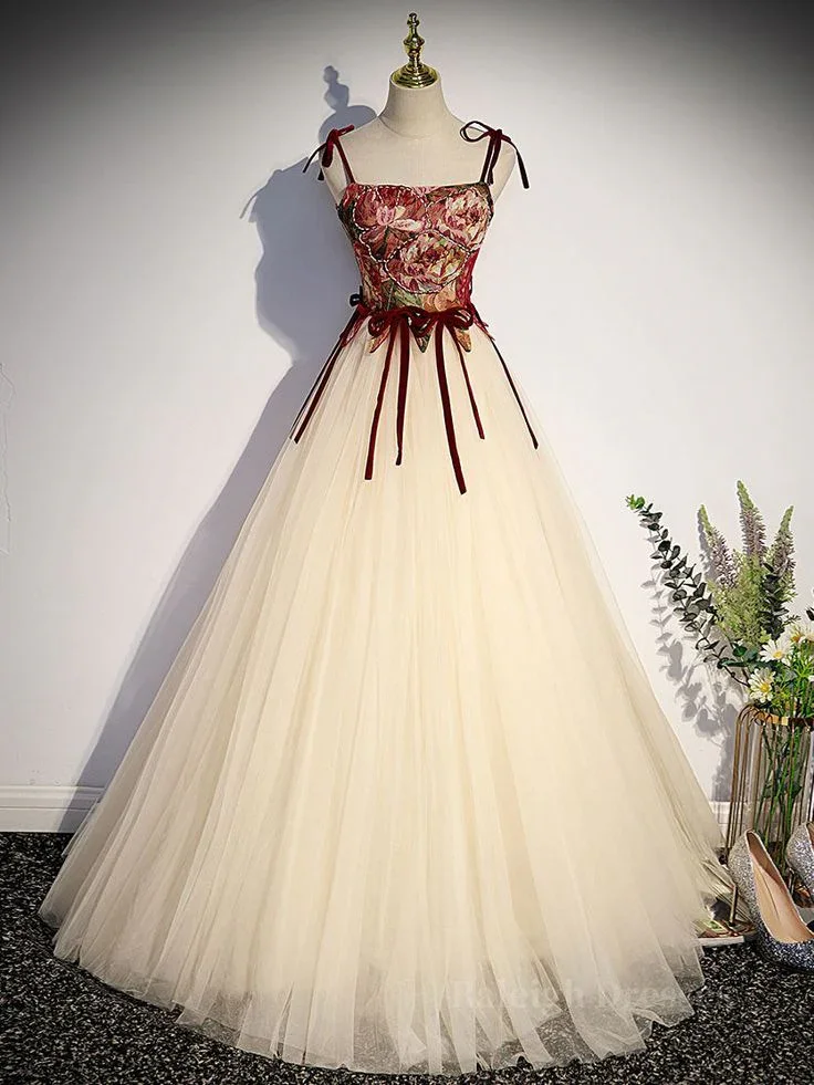 Vintage Tulle A Line Long Prom Dress Spaghetti Straps Evening Dress Ball Gown  Y7662 - Image 3