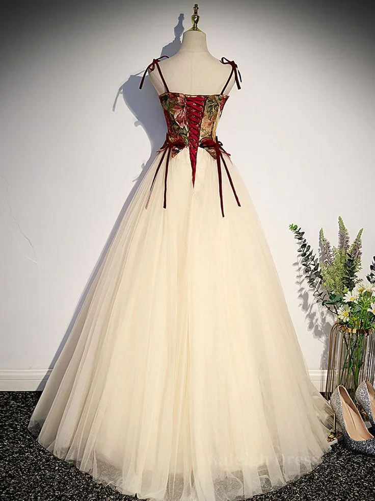Vintage Tulle A Line Long Prom Dress Spaghetti Straps Evening Dress Ball Gown  Y7662 - Image 4