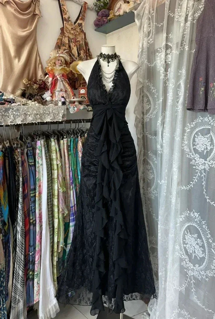 Vintage V Neck Black Chiffon Lace Evening Dress Long Prom Dress Y7813 - Image 2