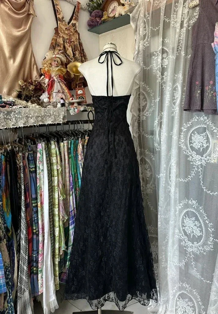 Vintage V Neck Black Chiffon Lace Evening Dress Long Prom Dress Y7813 - Image 3