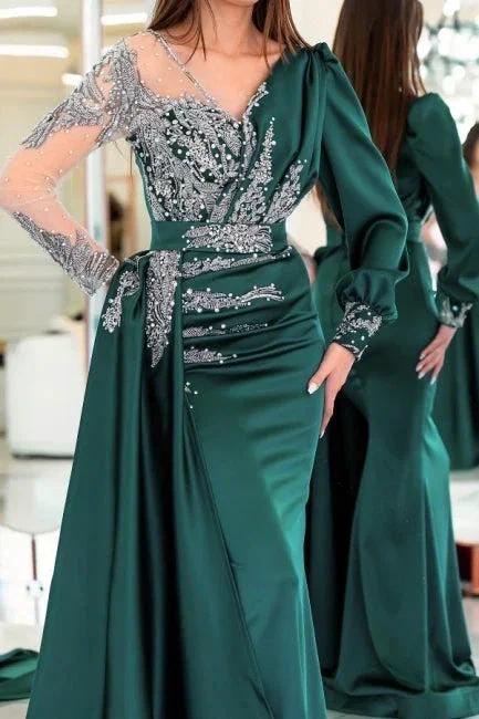 Vintage V-neck long sleeves column mermaid Prom dresses with ruffles - Image 2