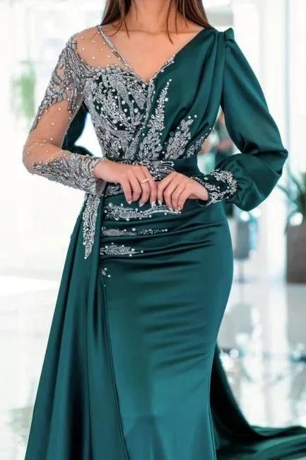 Vintage V-neck long sleeves column mermaid Prom dresses with ruffles - Image 3