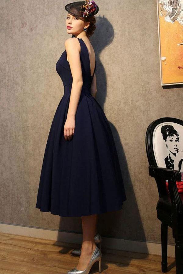 Vintage V Neck Navy Blue Satin Homecoming Dresses Party Dresses  PG183 - Image 2