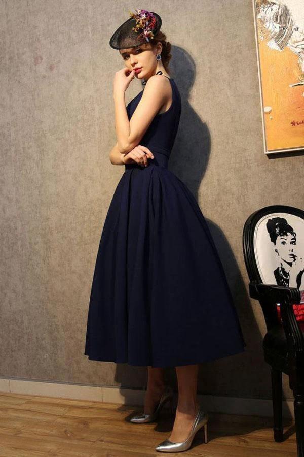 Vintage V Neck Navy Blue Satin Homecoming Dresses Party Dresses  PG183 - Image 3