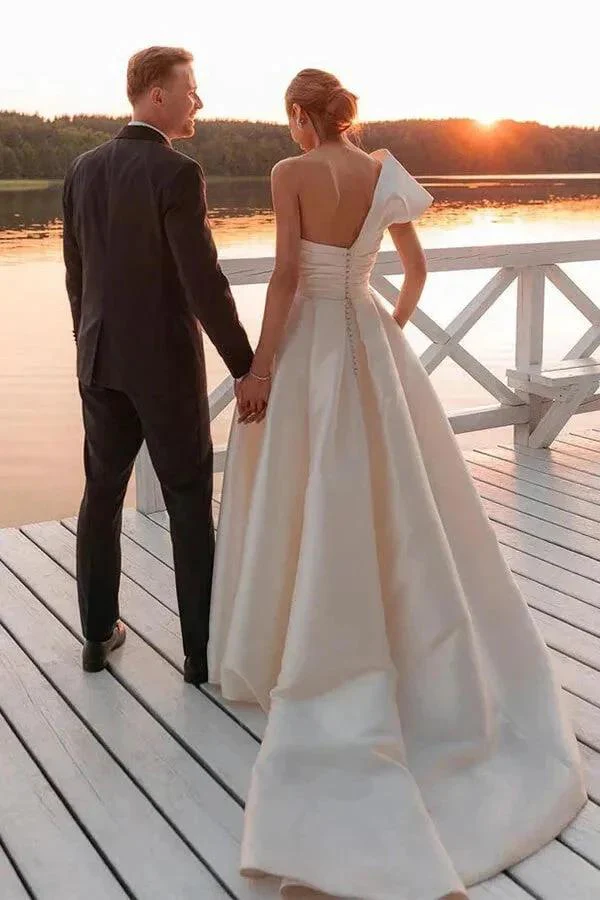 Vintage Wedding Dress One Shoulder Bridal Gown With Court Train WD729 - Image 3