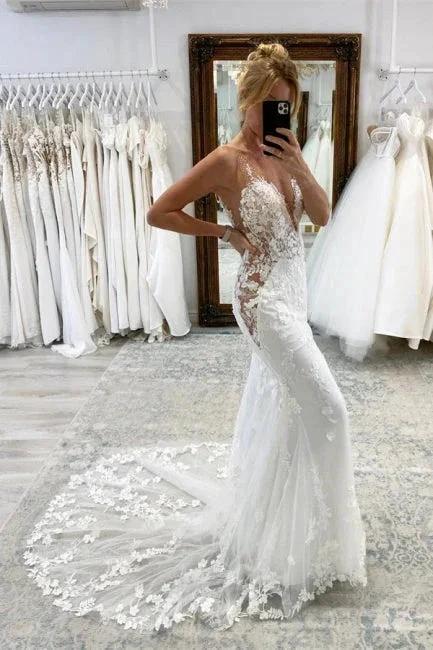 Vintage White Long Mermaid V-neck Lace Wedding Dresses - Image 2