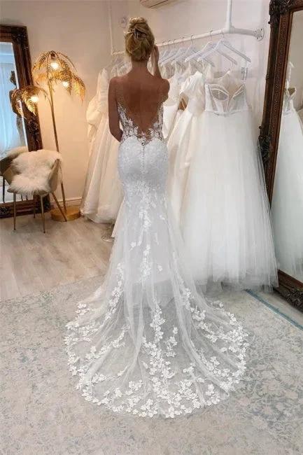Vintage White Long Mermaid V-neck Lace Wedding Dresses - Image 3