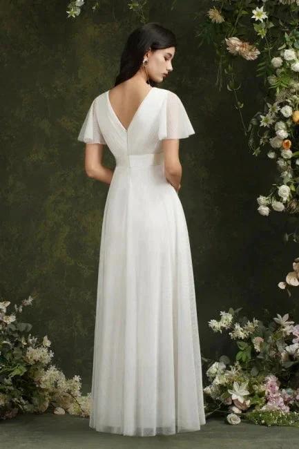 Vintage white V-Neck Short-Sleeves A-Line Floor-Length Tulle Prom Dresses - Image 2