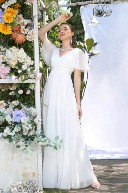 Vintage white V-Neck Short-Sleeves A-Line Floor-Length Tulle Prom Dresses - Image 3