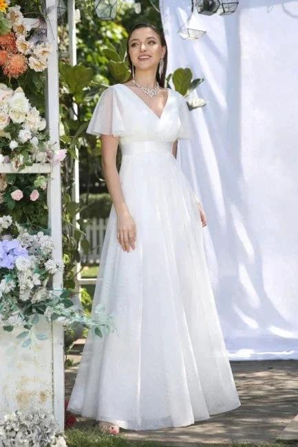 Vintage white V-Neck Short-Sleeves A-Line Floor-Length Tulle Prom Dresses - Image 4